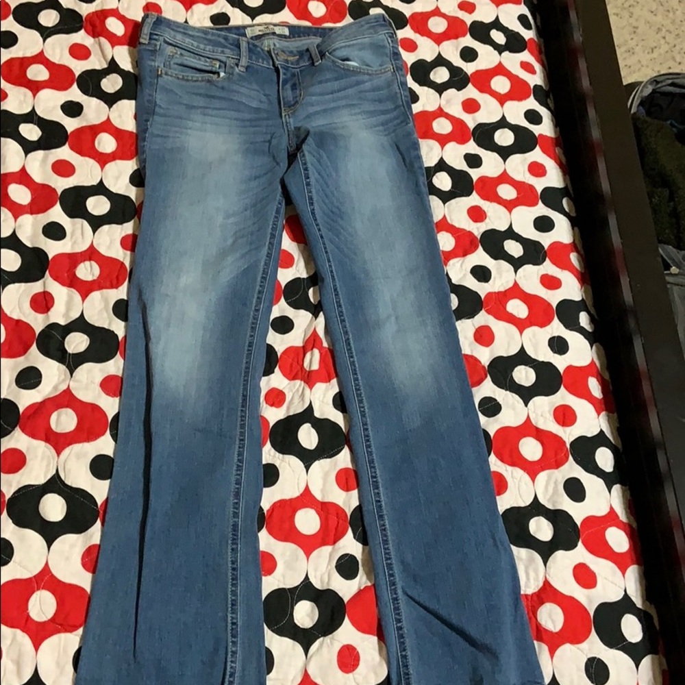 high rise mid wash blue Hollister bootcut jeans
